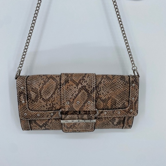 GUESS Snakeskin Clutch Handbag With Silver Shoulder Chain - Picture 14 of 14
